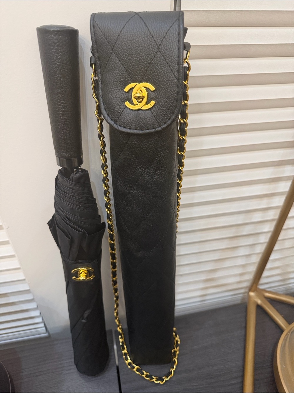 GWP-Chanel Fun Black Quilted Umbrella w/CrossBody Gold Chained Carrying Case